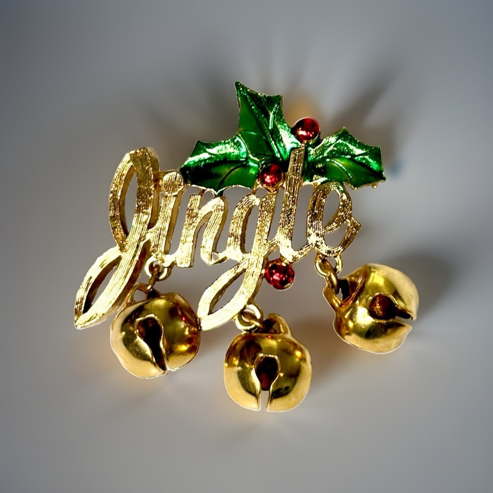 Vintage Christmas Jingle Brooch Pin Gold Tone Dangling Bells Holly Berry Holiday